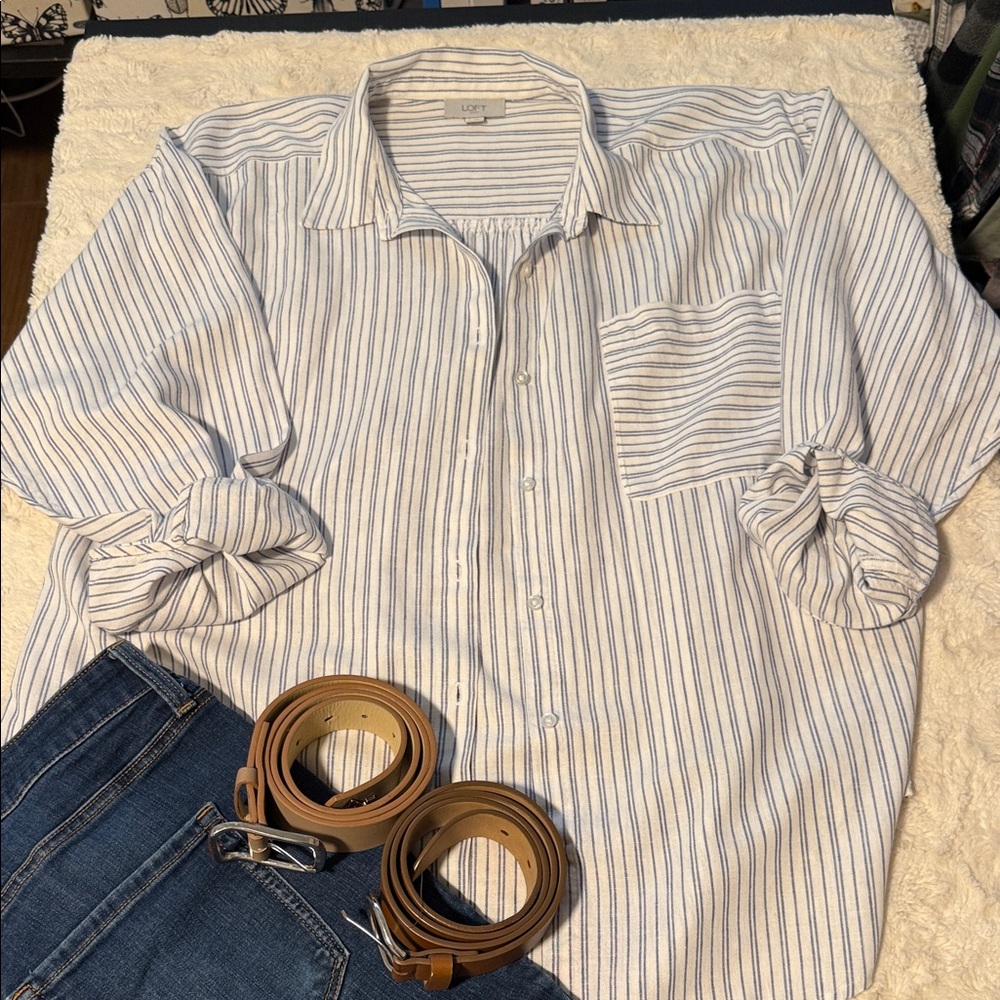 LOFT White Button-Down Shirt with Blue Stripes